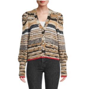 VERONICA BEARD Cecily Wool Blend Puff Sleeve Beige Cardigan Sweater Womens Large